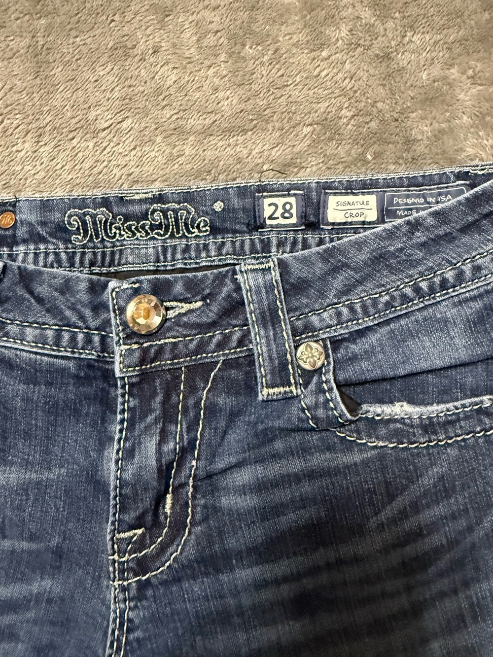 Miss Me Dark Indigo Cropped Jeans with Rhinestone Button